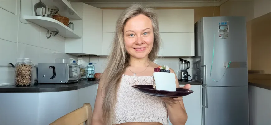 Психолог Екатерина Глебик держит десерт и говорит про признаки РПП.